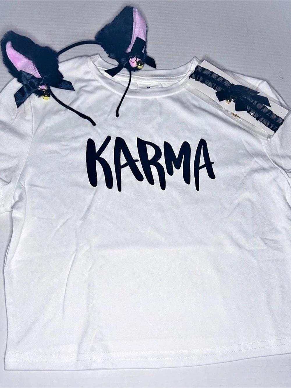 Karma Graphic crop top White w/black graphics. matching fluffy emo ears & choker
